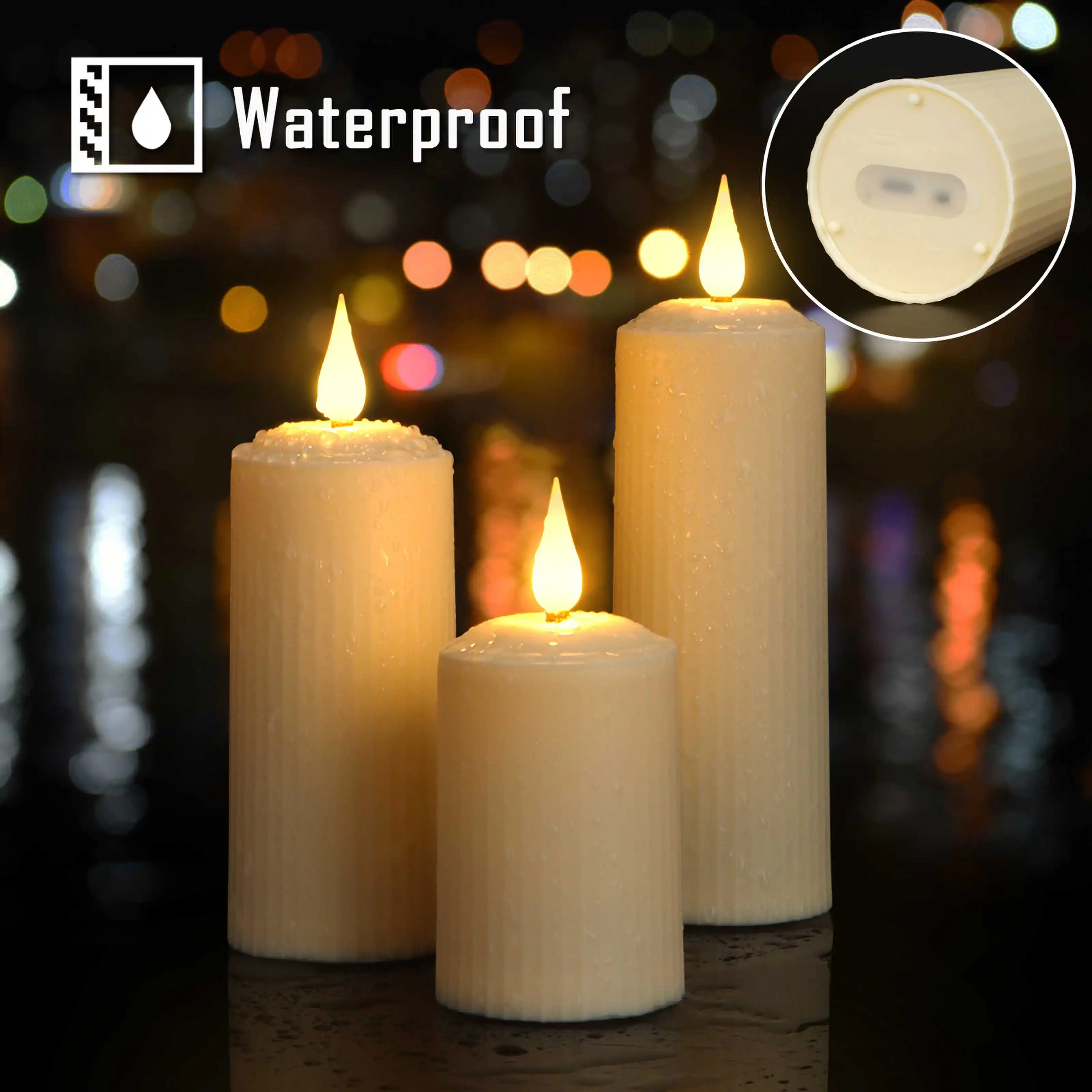 2023 Pack of 3 New Arrival Remote Control LED Pillar Candle Rechargeable USB-C Waterproof Flameless LED Candle