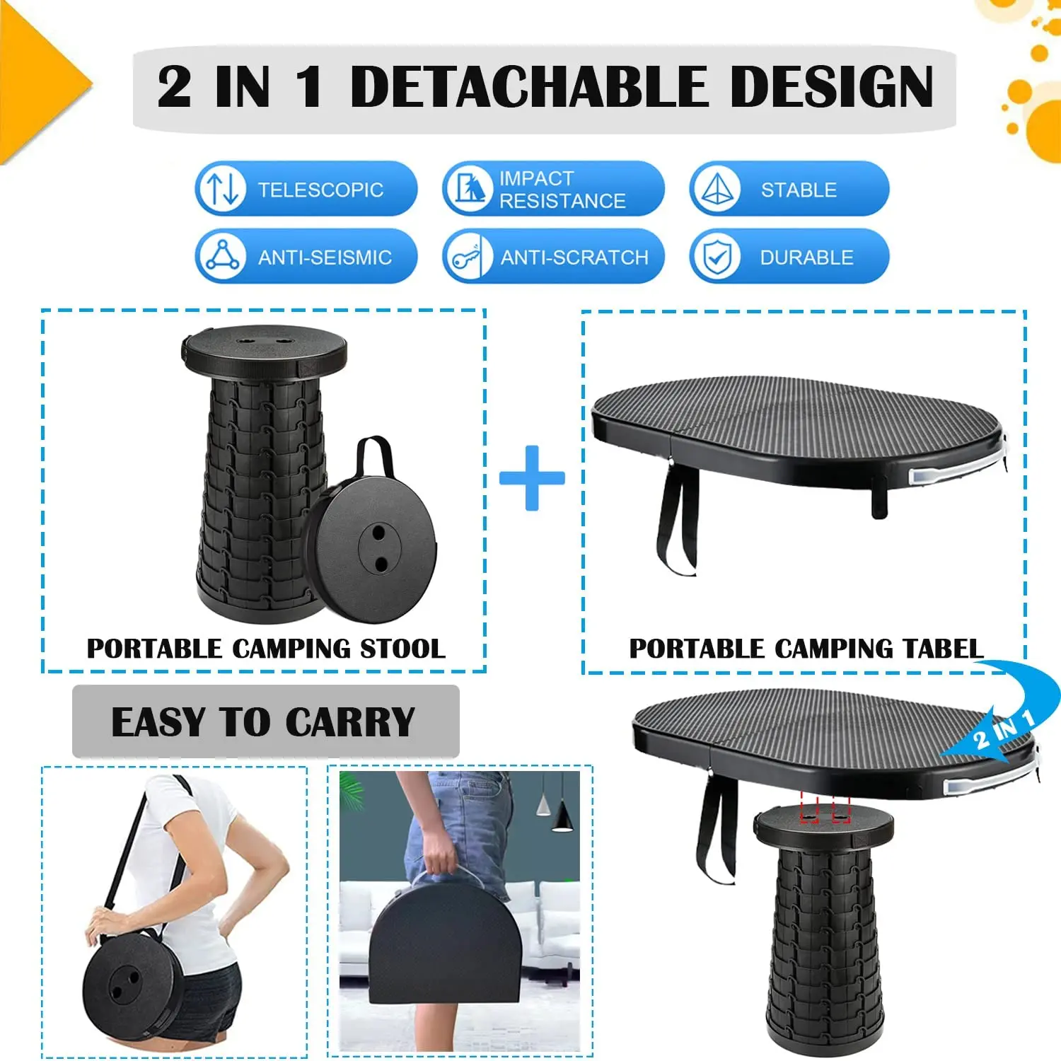 Retractable Folding Stool Portable Sturdy Lightweight collapsible lightweight telescoping stool Plastic Seat