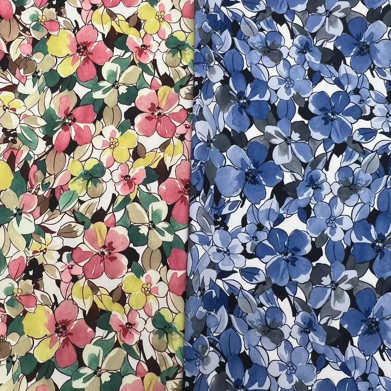 latest blue big florals Designs dresses fabric 250gsm100%polyester twill woven faux acetate satin printed Fabrics For bags dress