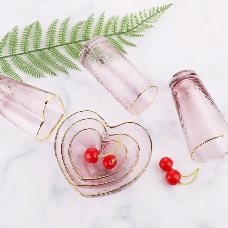 Customize Heart Shape Gold Rim Bowls For Glass Salad Mixing Fruit Kitchenware Microwave Safe Tableware Pink Glass Salad Bowl