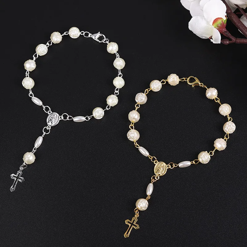 Retro Beaded Cross Pendant Rosary Stretch Rope Bracelets Christian Catholic Religious Bracelets Jewelry Accessories Gifts SP-139
