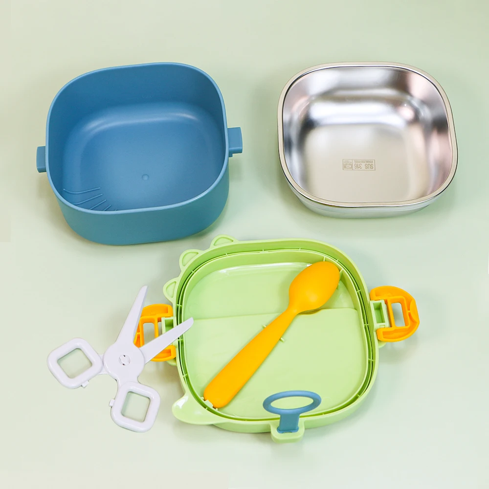 Plastic Stainless Steel Baby Feeding Product Tableware Food Warmer Bento School Lunch Insulated Bowl Set With Lid Spoon For Kid