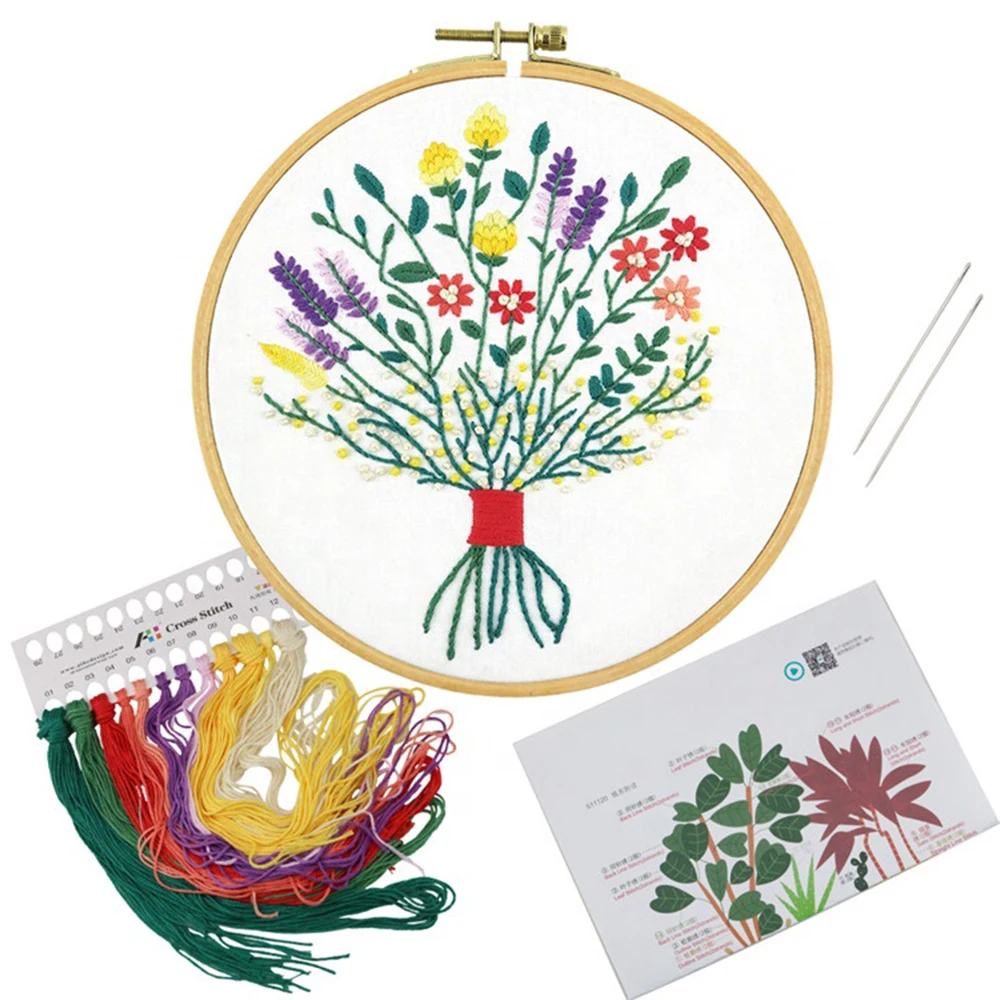 
Wholesale Flower Pattern 8inch Folk Craft Cross-stitch DIY Kits Hand Embroidery Kit With Hoop 