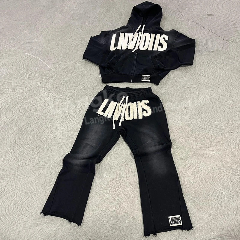 High Quality Tracksuit Manufacturer Men Customize Vintage Cotton Patch Sun Faded Distressed Acid Wash Zip Up Tracksuits for Men