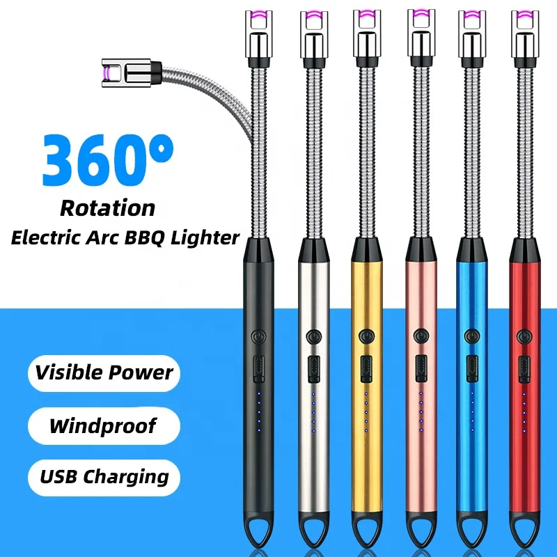 360 Degree Free Rotation Windproof Arc Pulse Safety Environmental Protection Extended Handle USB Charging Outdoor Lighter