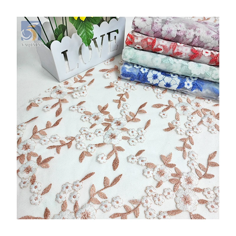 YX2149 Competitive Price Simple Embroidery Lace Fabric 3D Floral Design Ladies Dress Lace 100% Polyester Mesh Lace Fabric