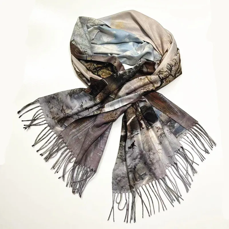 customized  winter warm double sides print cheap digital print mens designer pashmina scarf painting cashmere