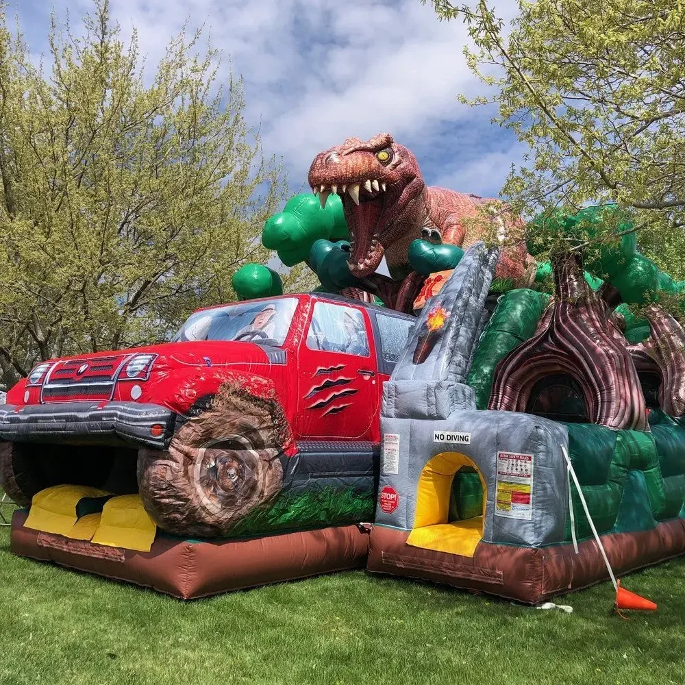 New Design PVC T-Rex Obstacle Inflatable Bounce House Slide Combo Dinosaur Inflatable Castle Kids Outdoor Rental Use Blower