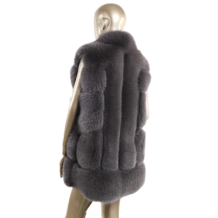 wholesale custom fashion soft fluffy 80cm long dark grey real fox fur vest for women