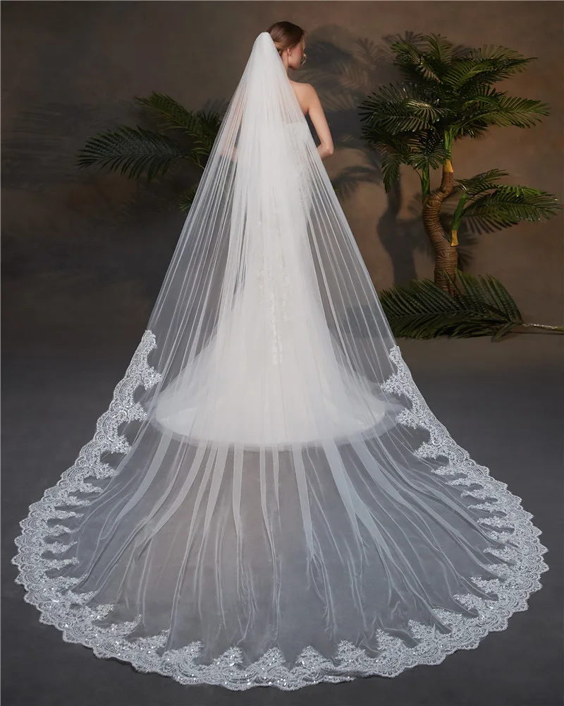 Wholesale Top Quality Long Lace One Layer White Ivory 3 Meters Width 3.5 Meters Long Wedding Veil for Bridal With Comb MLVB11