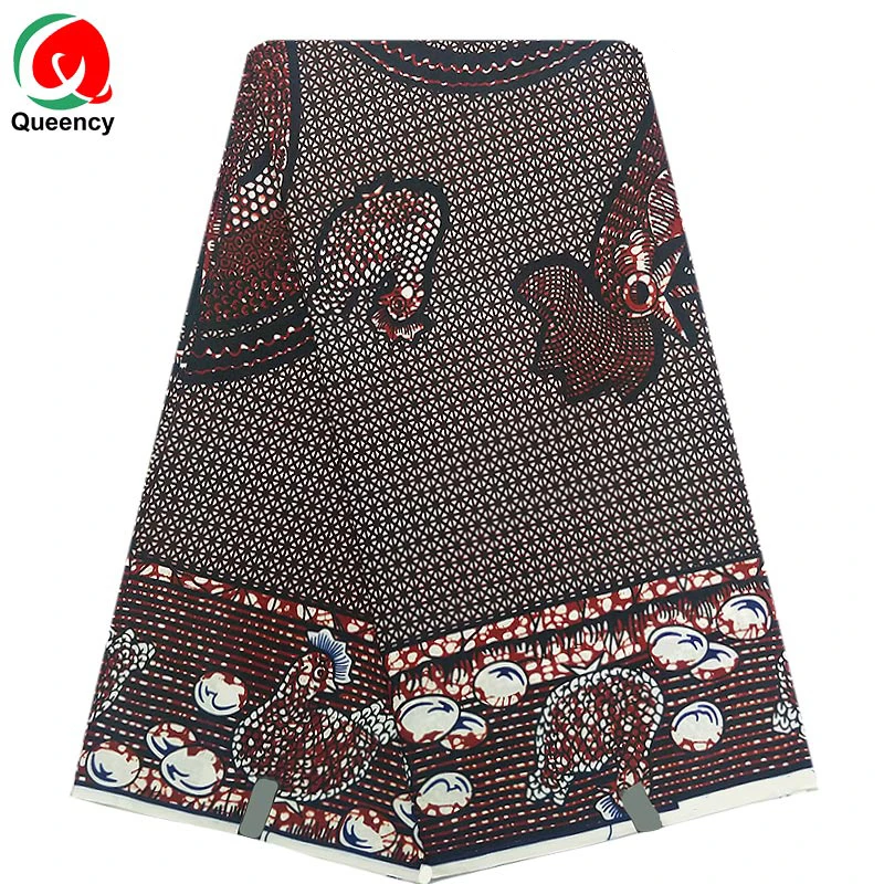 Queency 100%Cotton African Printing Wax Fabric Brown Real Great Wax Fabric in Hen and Eggs Patterns