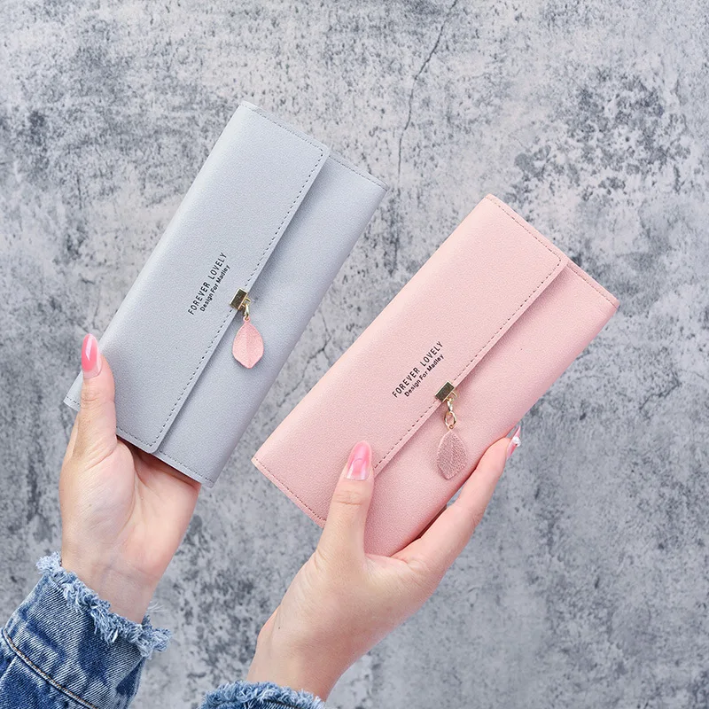 New multifunctional simple Leaf Pendant Long three fold wallet for  ladies  wallet wholesale