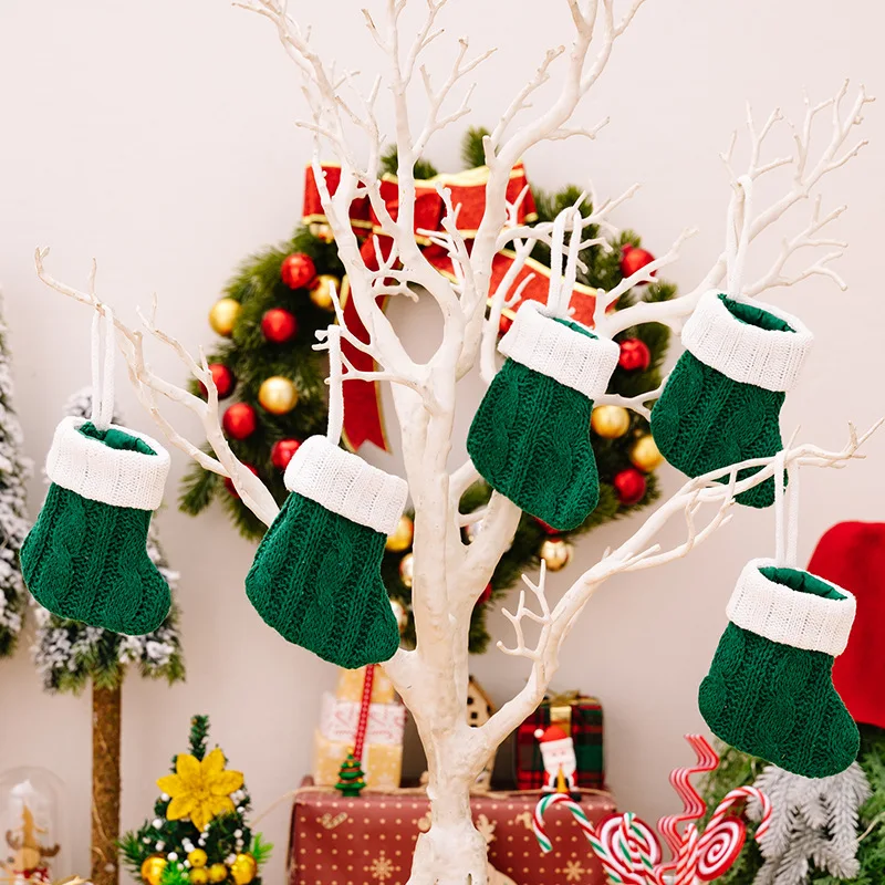 Wholesale Christmas Green Knitted Mini Stocking Ornaments for Xmas Tree Hanging Decor