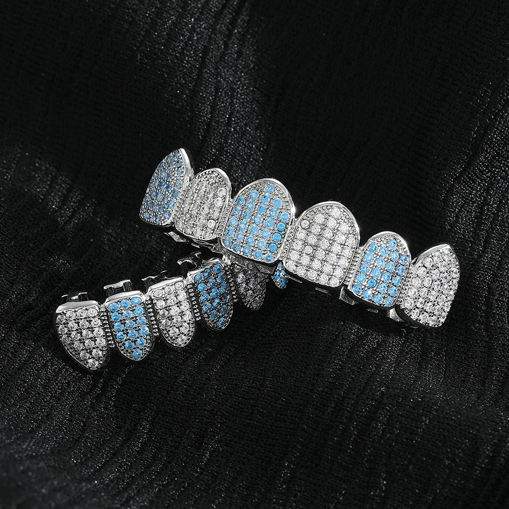 G034 Bling Top 6 Botom Tooth Grilz синий и прозрачный камень CZ для мужчин женщин