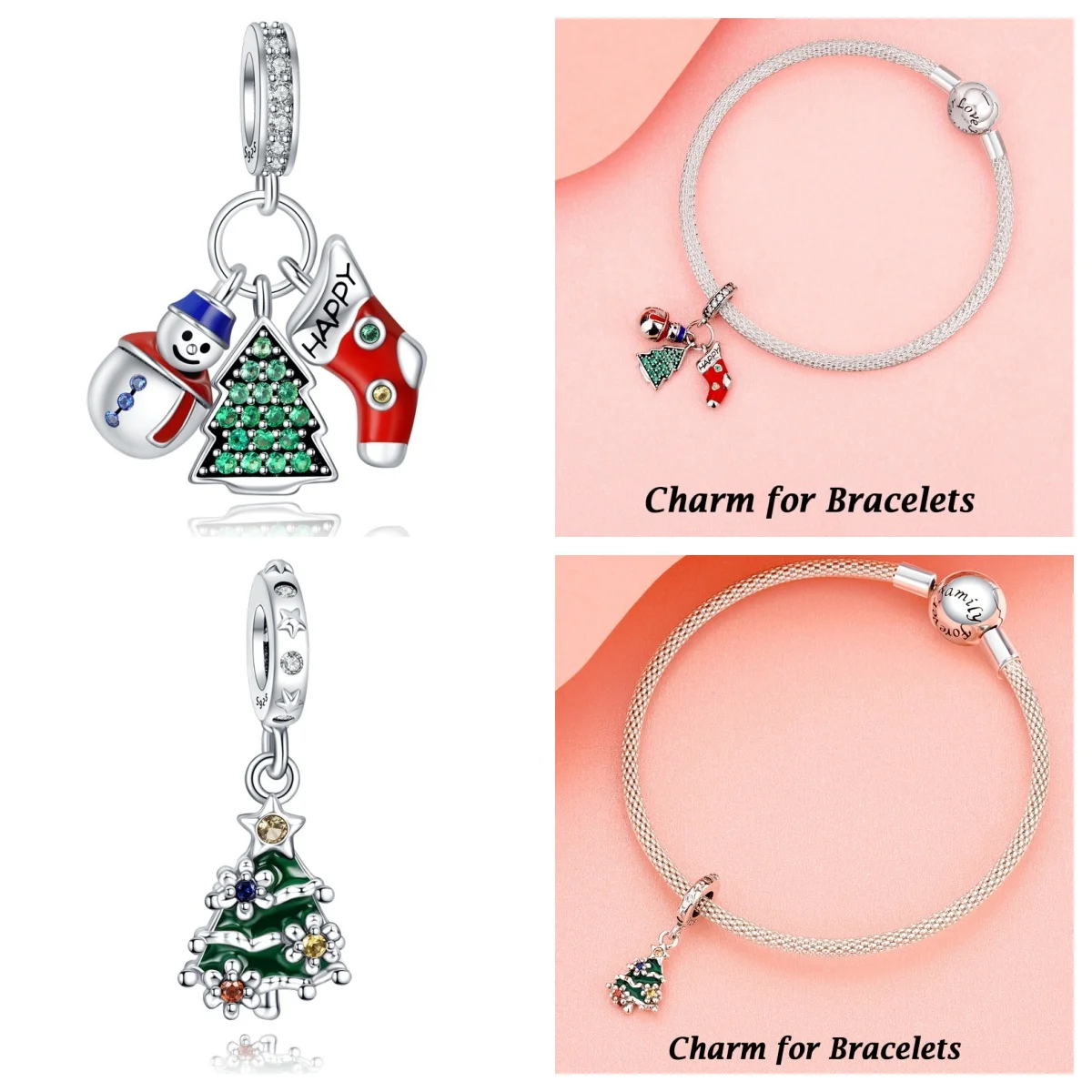 Christmas Jewlery 925 Silver Christmas Beads Enamel Tree Heart Charms for Jewelry Making Women Christmas Bracelet & Bangle DIY