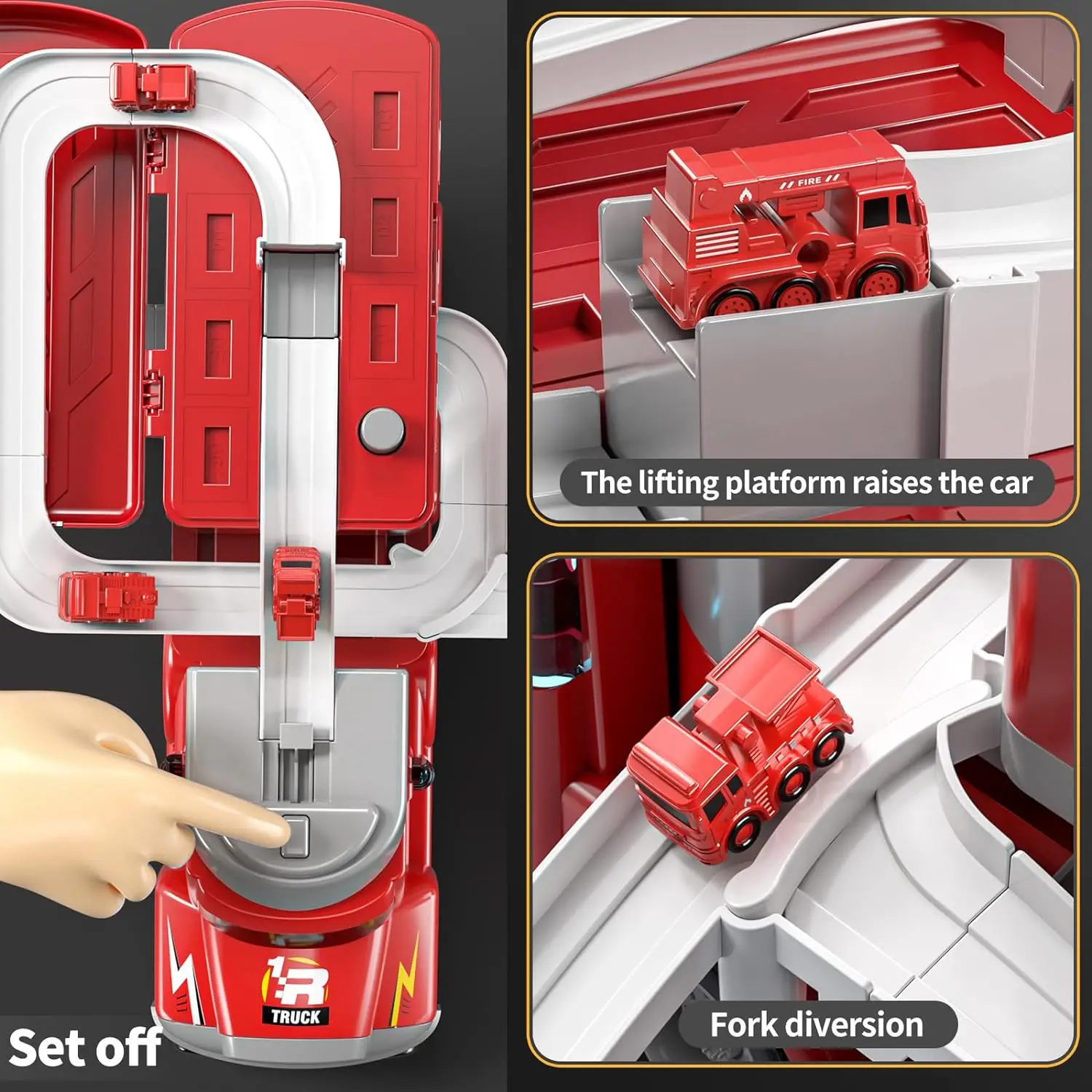 TEMI Fire Truck Kids Toys for 3 4 5 6 Year Old Boys, Car Carrier Toy with 8 Mini Vehicles, Movable Truck Station Toys Race Track