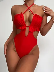 New Stock Female Edible Tree Fungus Sexy One Piece Swimsuit Strap Halter Lace Up Bikini & Beach Wear