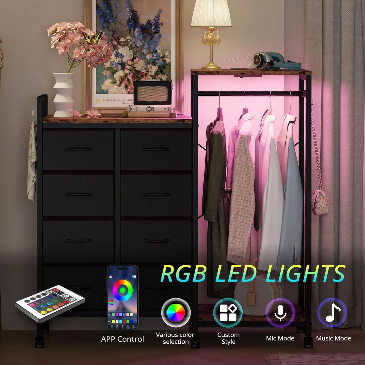 Factory direct 8 drawer dresser with charging station and LED light closet in living room Wheeled Kitchen Storage Rack