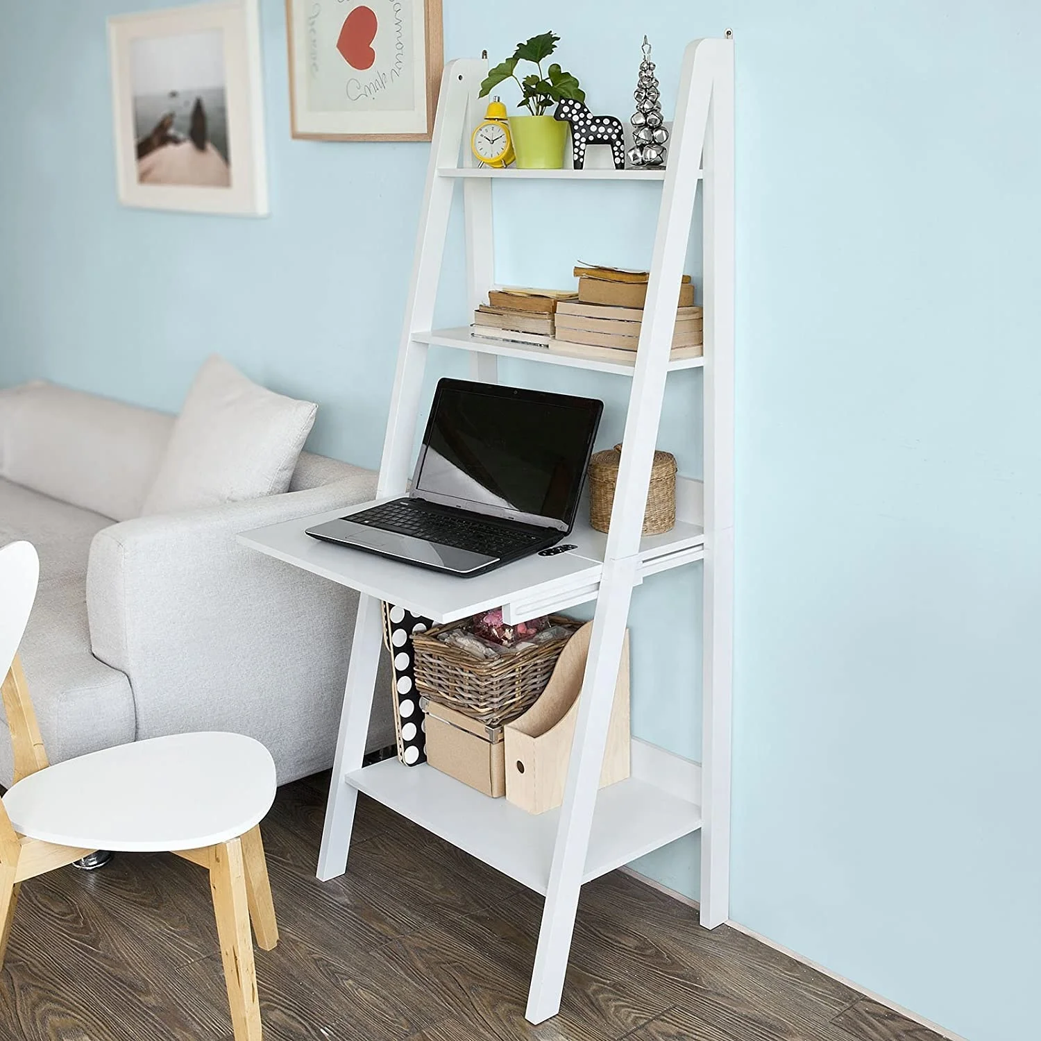 White Ladder Shelf Desk Ladder Bookcase Book Shelf Leaning Desk with Shelves Wall Rack Display Planter for Living Room Bedroom