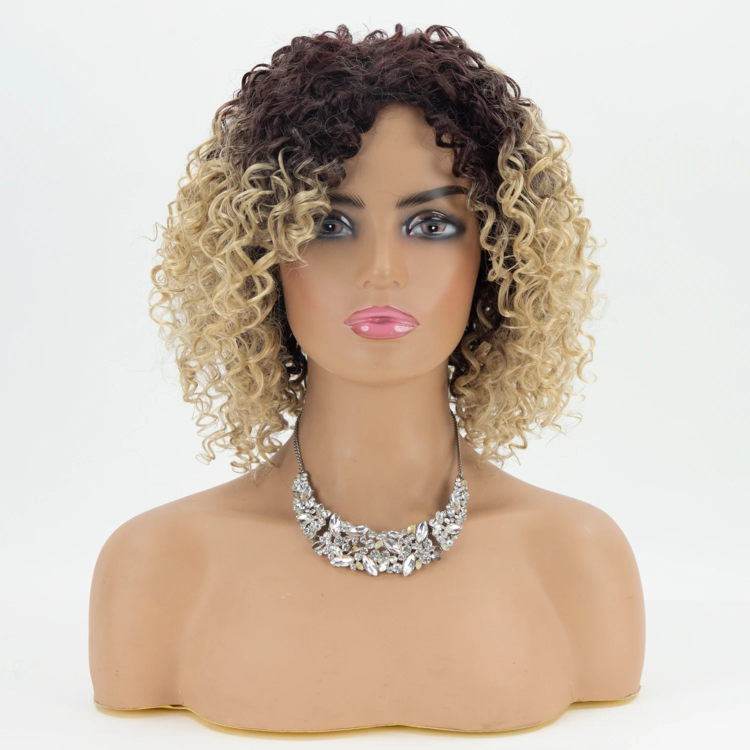 New Ombre Blonde Machine Made Glueless Afro Curly High Temperature Synthetic Hair Jerry Curly Wigs with Adjustable Straps