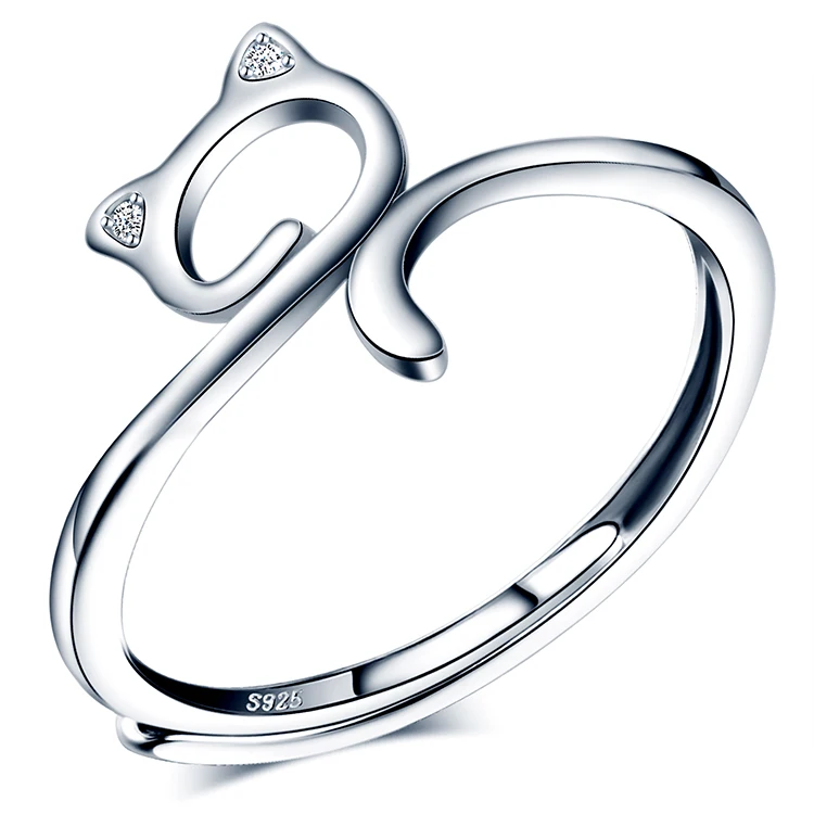 Cutie Cat Hollow S925 Sterling Silver Zircon Fashionable Adjustable Woman Thin Finger Ring
