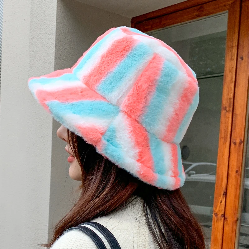 .2022 Faux Fur Bucket Hat For Women Winter Thicken Warm Rainbow Colorful Striped Luxury Bucket Hat