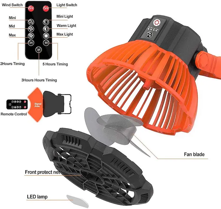 SRL Camping Fan with LED Lamp Portable Cooling Tent Fan 5200mAh Adjustable Quiet USB Rechargeable Lightweight Camping light fan