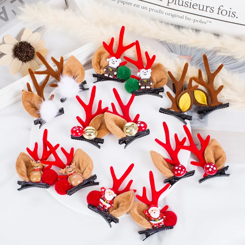 1 Pair Christmas hair clips for Kids Girls Antler Santa Claus snowman balls decor metal hair clip accessories