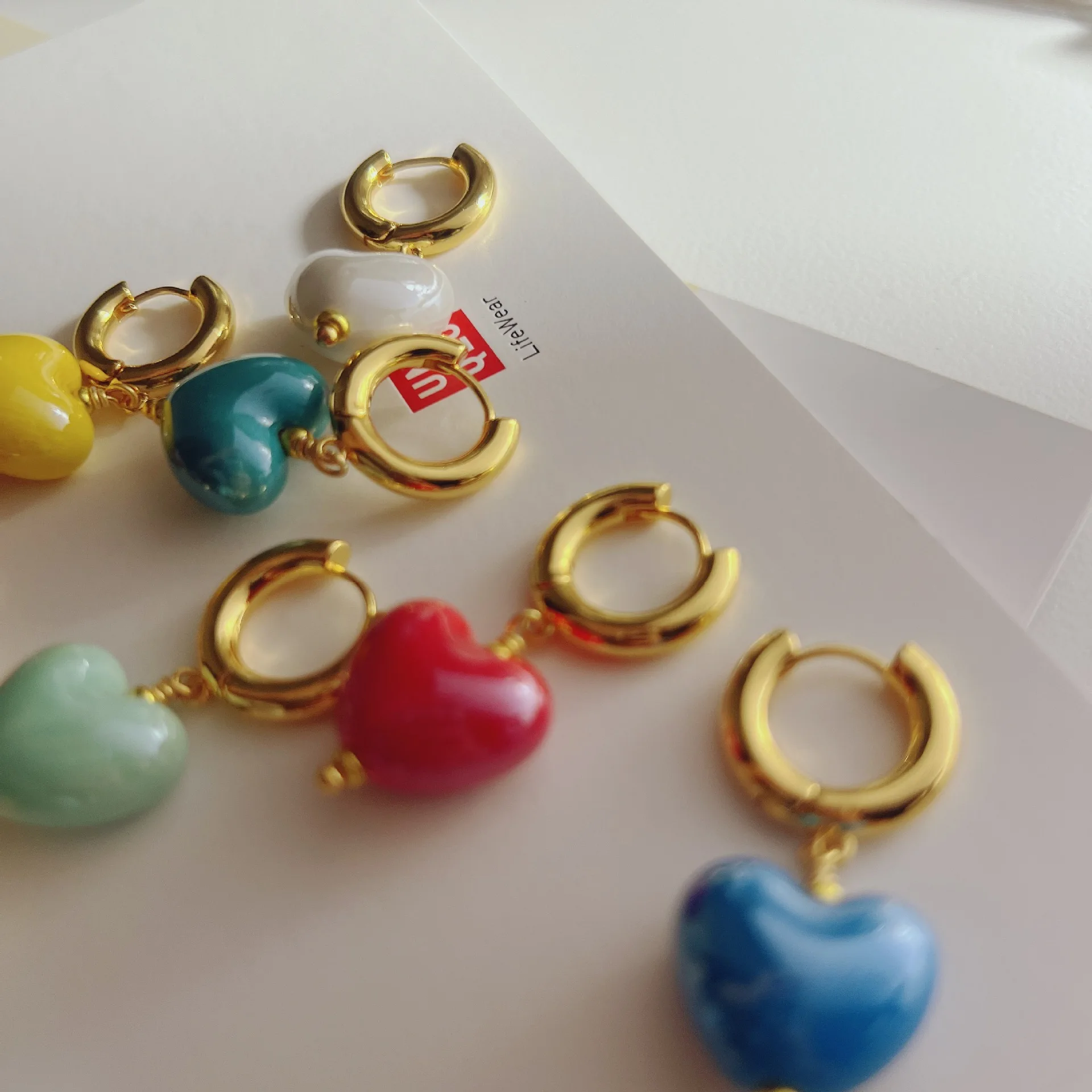 INS Fashion Copper Sweet Jewelry Multi Color Cute Heart Shape Copper Colorful Clay Ceramic Hoop Earrings