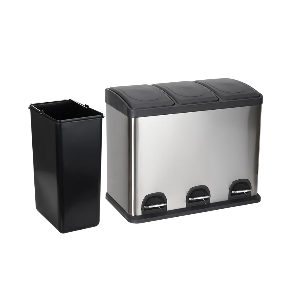 Triple 3 compartment stainless steel iron recycle pedal trash can dustbin