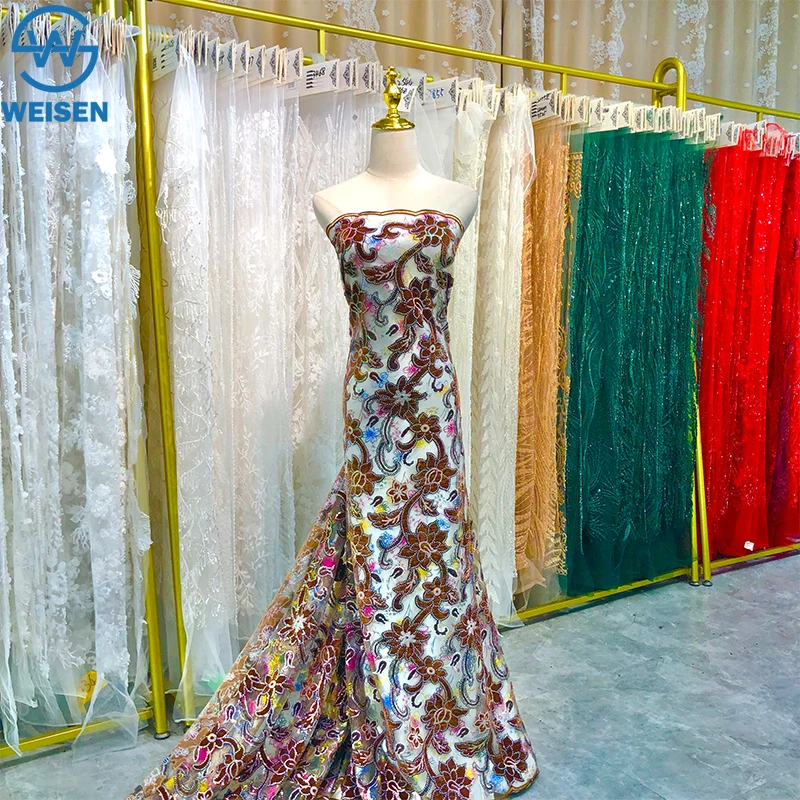 WS30089 High Feedback Floral Embroidery Sequins Net Lace Fabric Embroidered Sequined 3d Lace Fabric