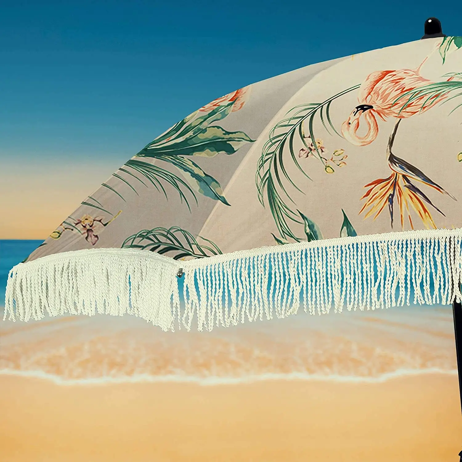 Wooden Beach Umbrella with Tassels Recycled Boho Beach Umbrella Custom Beach Umbrella Modern Semi-automatic Outdoor Oxford