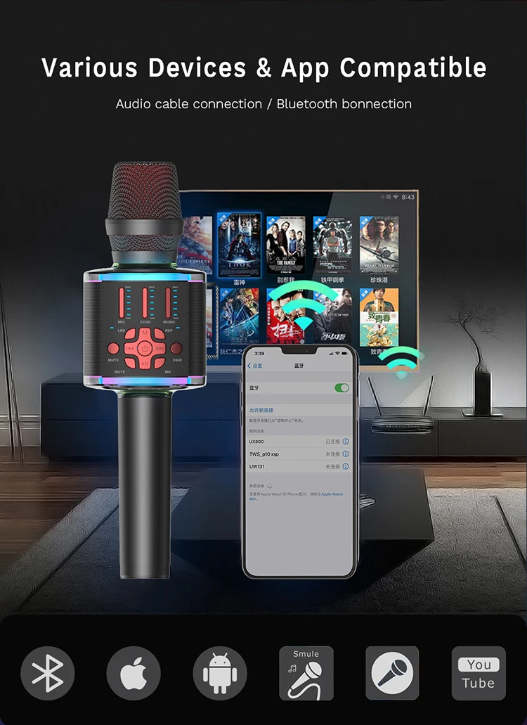 Best Selling Family KTV Mic Portable Gold Wireless Professional Karaoke Microphone Mini USB Handheld Bluetooth Karaoke