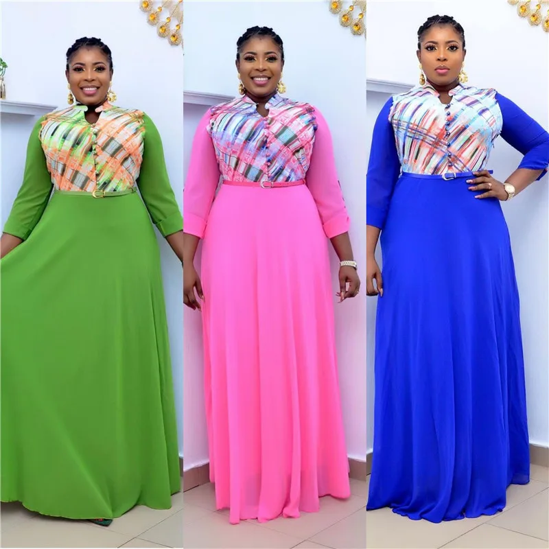 
Cyalaa 4582# African Woman Clothing Wholesale Factory Directly Price Collar Patchwork Printed Women Casual Office Dress With Bel 