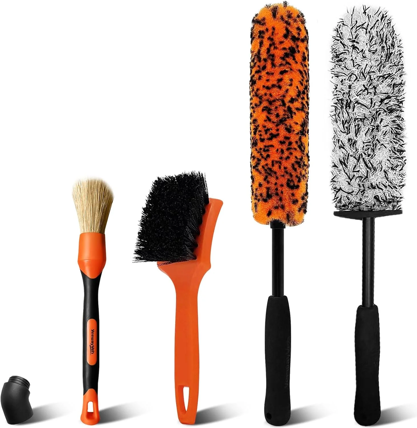 4PCS Soft & Scratch-Free Orange Detailing Brush and Microfiber Wheel Cleaner Brush for Car Rim Fenders Engine Exhaust Tips