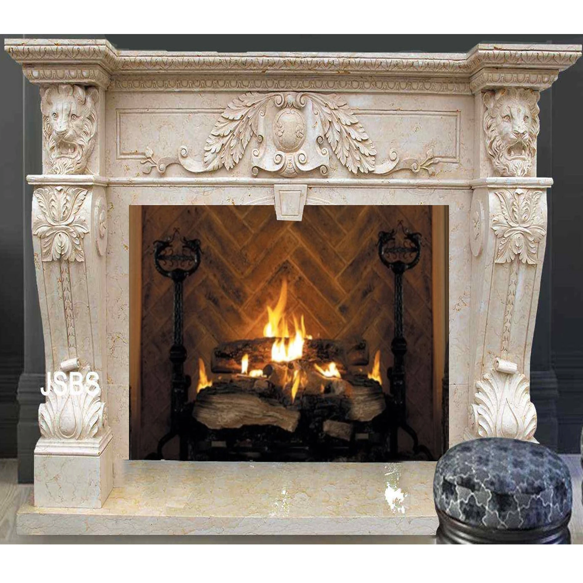 Hot sell modern design Lion head Egyptian cream beige marble stone fireplace mantel