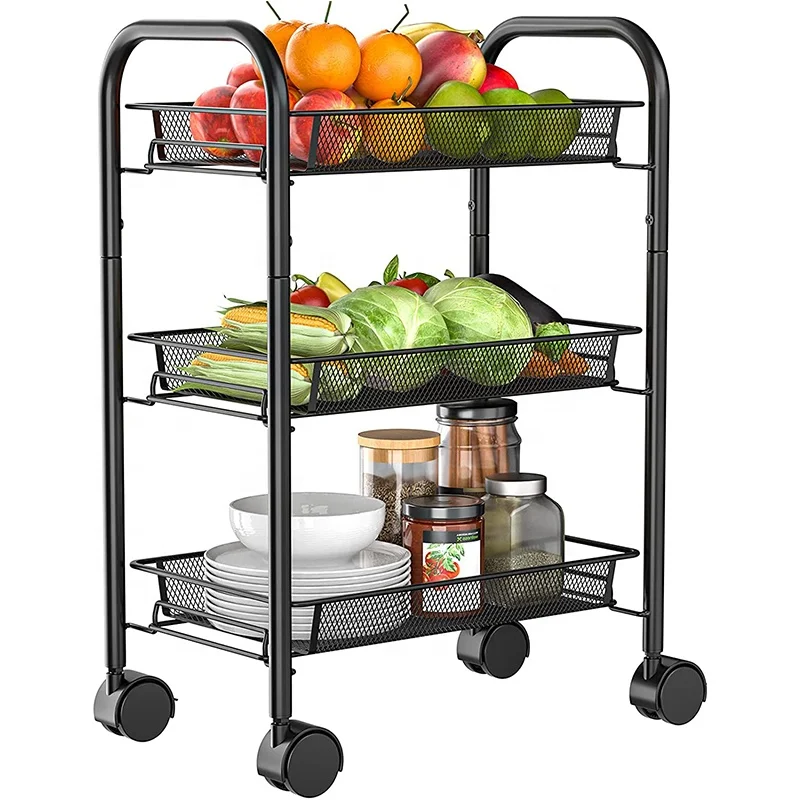 3-layer mesh steel wire rolling utility cart with multi-functional metal finishing belt can lock the wheels,black