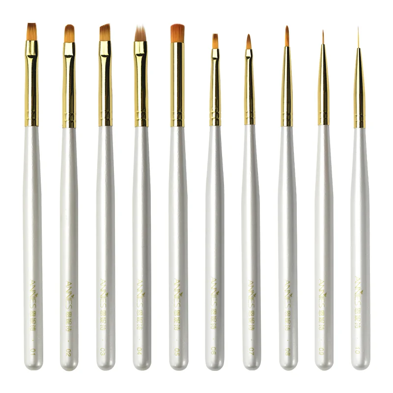 Professional 10 pcs. white wooden handle nail paint brush set professional nail art brush set high quality nail art brush sets