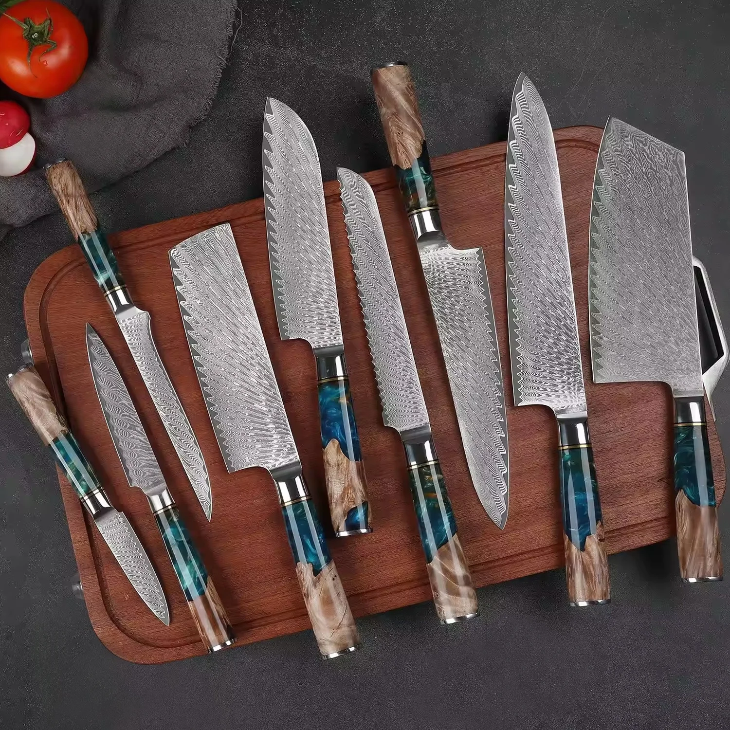 Роскошные японские Дамасские стальные ножи Santoku набор кухонных ножей с синей полимерной ручкой