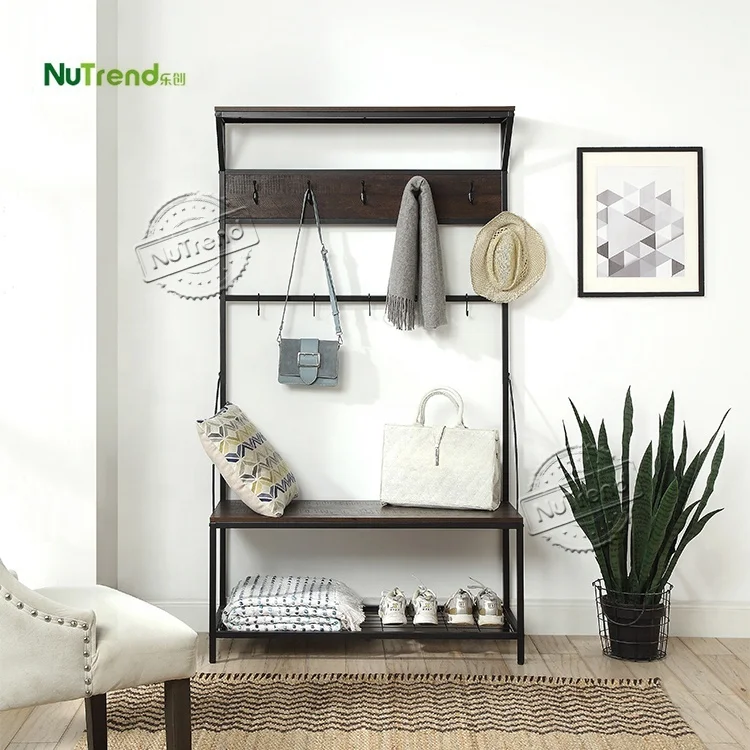 Hall Tree Wood Clothes Hanger Free Stand Entrance Hall Stand Coat Clothes Hanger Wooden Metal Coat Rack with Shoe Bench