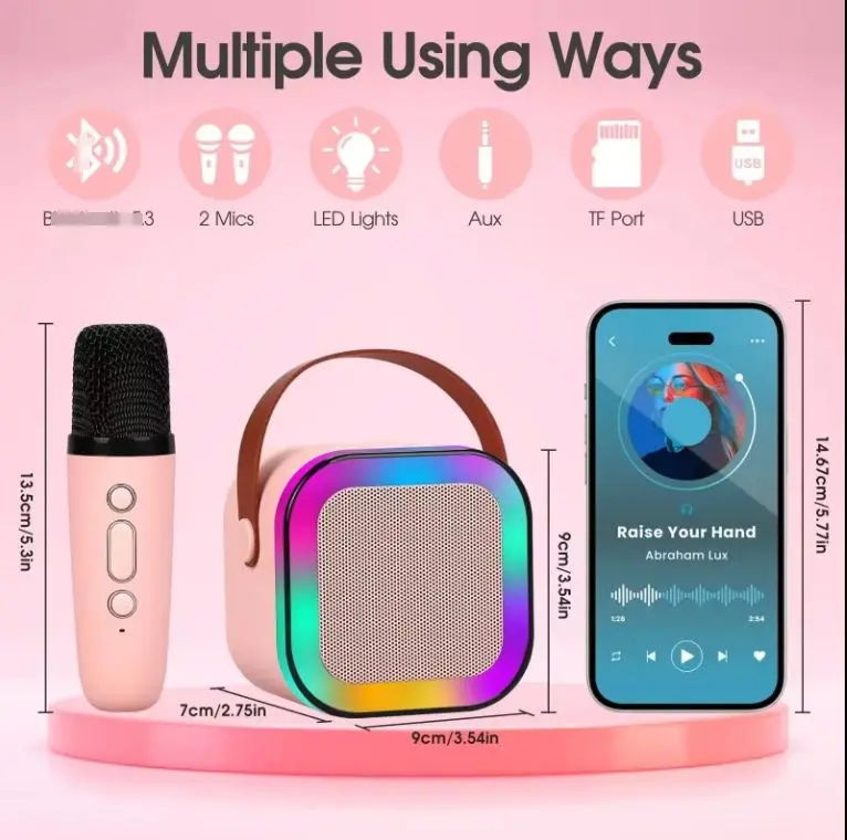 K12 rechargeable Portable Mini With 2 Mic Dual Microphone Light Mini Metal Material Speakers RGB Karaoke BT Speaker