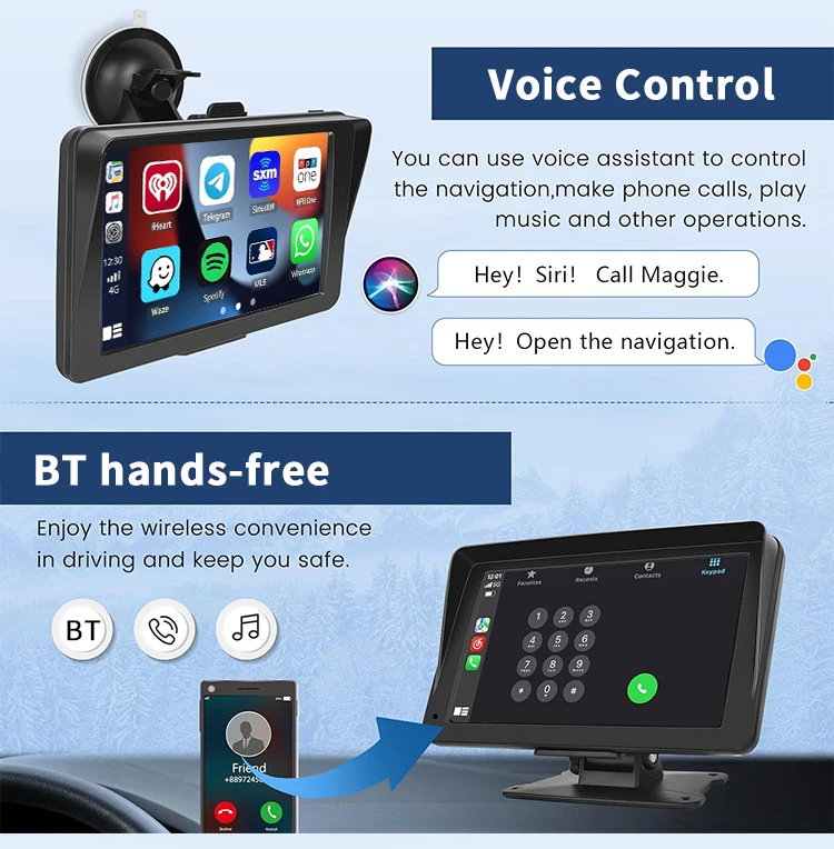 SUNWAYI Wireless Carplay 7 Inch Screen Touch Android Auto Carplay Connect Multimedia Receiver Screen Stereo Car Monitor