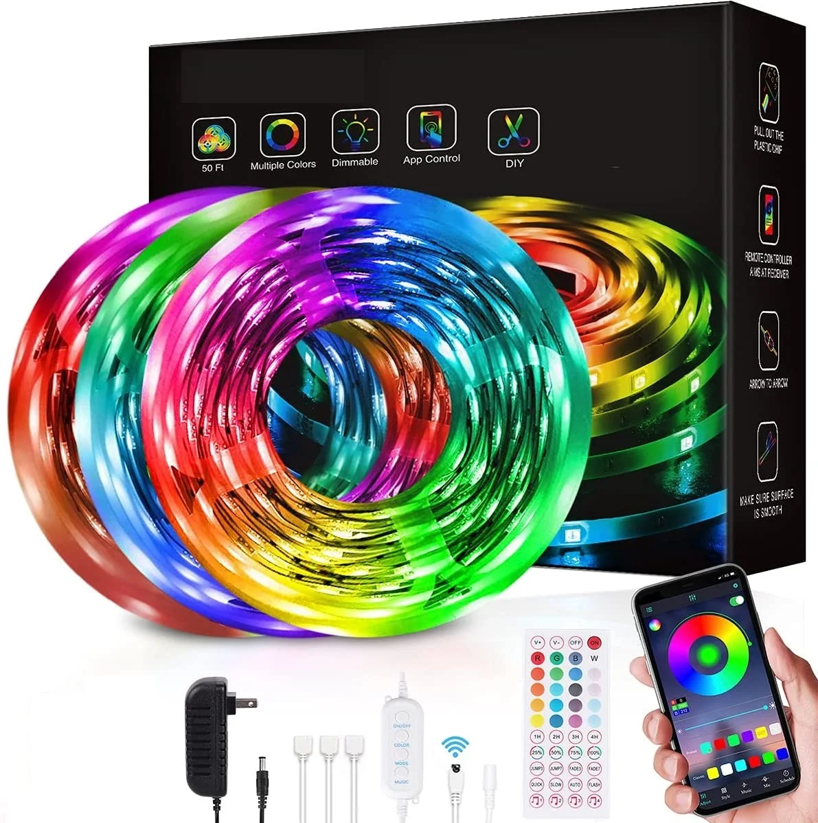 Alexa Google Connect WiFi Smart Non-Waterproof RGB LED Strips SMD 5050 App Control Music Sync LED Rope Light 49.2FT Strip Light