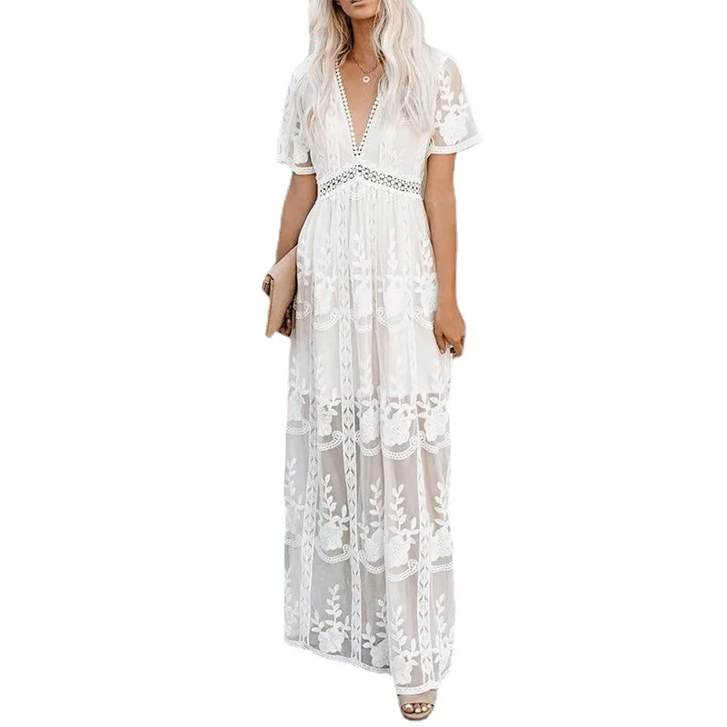 2022 Summer Boho Women Maxi Dress Loose Embroidery White Lace long Tunic Beach Dress Vacation Holiday Women Clothing
