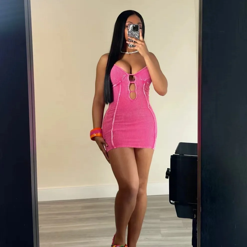 2024 New Summer Women Fashion Washed Snail Suspender Sexy Slim Fit Hollow Stripe Dress