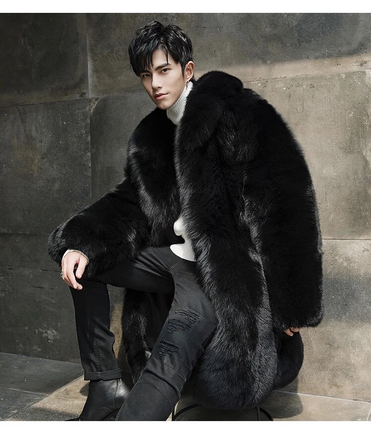Custom Style Men Winter Coat Long Black Fur Coat Real Fox Fur Coat Men