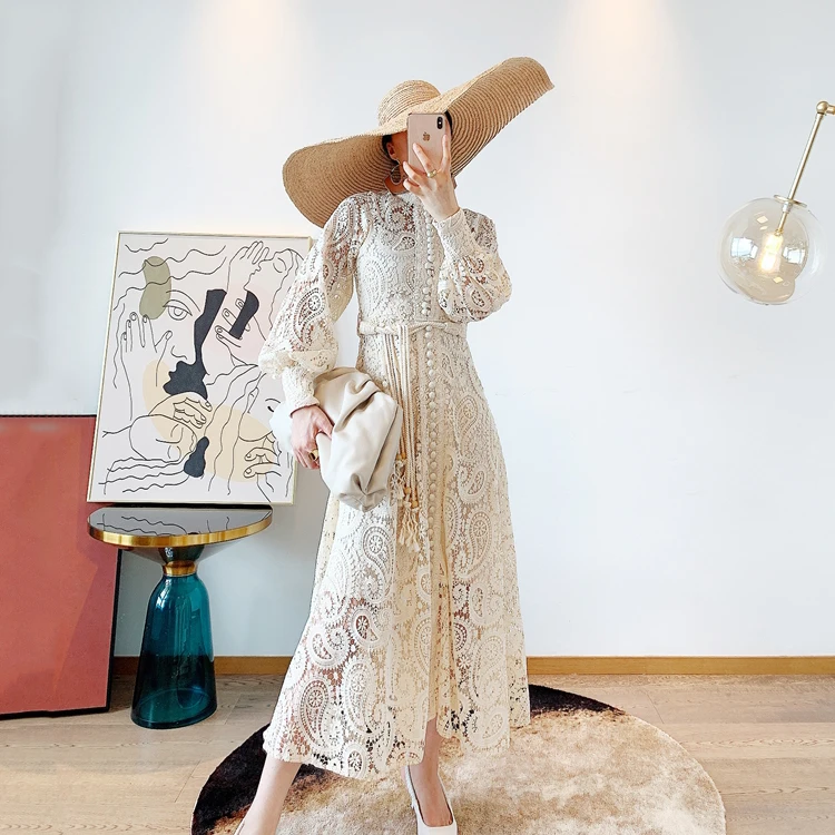 
Paisley Flower Hollow Out Embroidery Lace Female Stand Collar Bag Buckle Lantern Sleeve Long Skirt Dress 