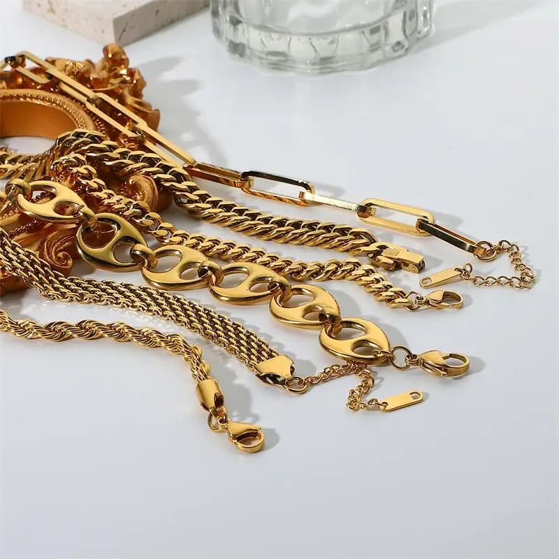 Wholesale Miami Cuban Chain Bracelet Bangle Flat Snake Stacking 18K Gold Plated Stainless Steel Link Bracelet For Women Jewelry