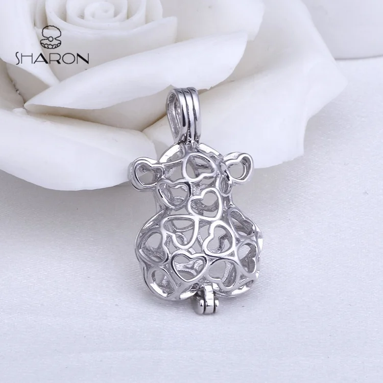 
CS0099 Lovely Animal Series Sterling Silver Cute Bear Love Heart Shape Pearl Cage Pendant 