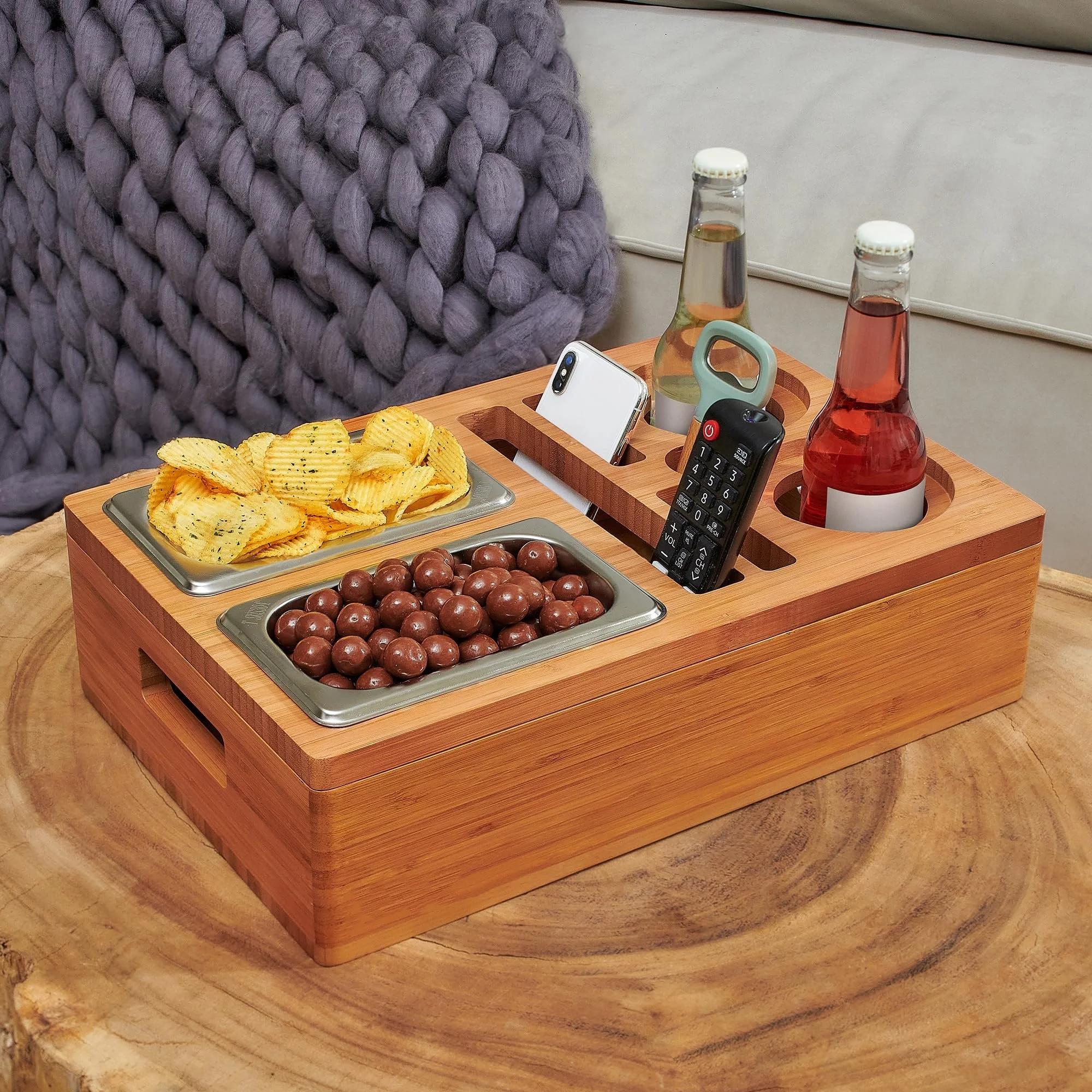 Ultimate Bamboo Couch Console Caddy Removable Magnetic Lid Middle-Couch Organizer Drink Holder Tray Movie Nights TV Plates
